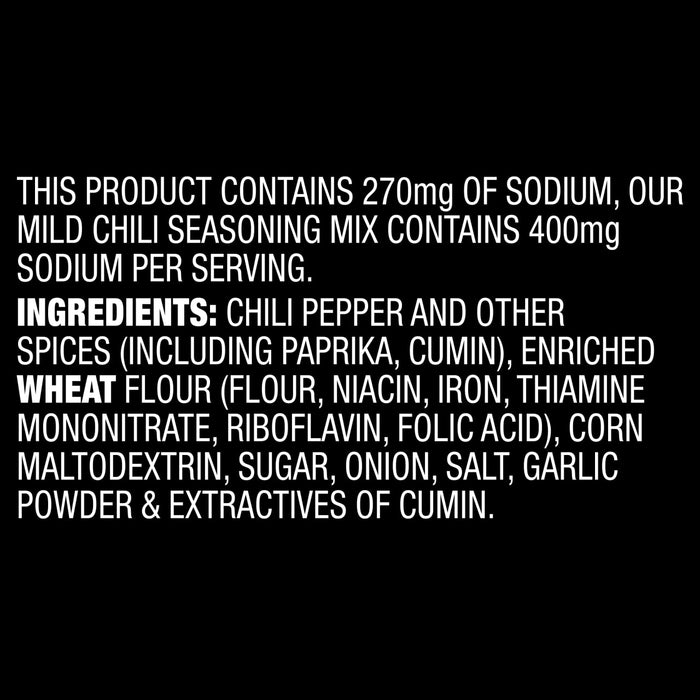 A list of ingredients for a chili seasoning mix, including the amount of sodium per serving.