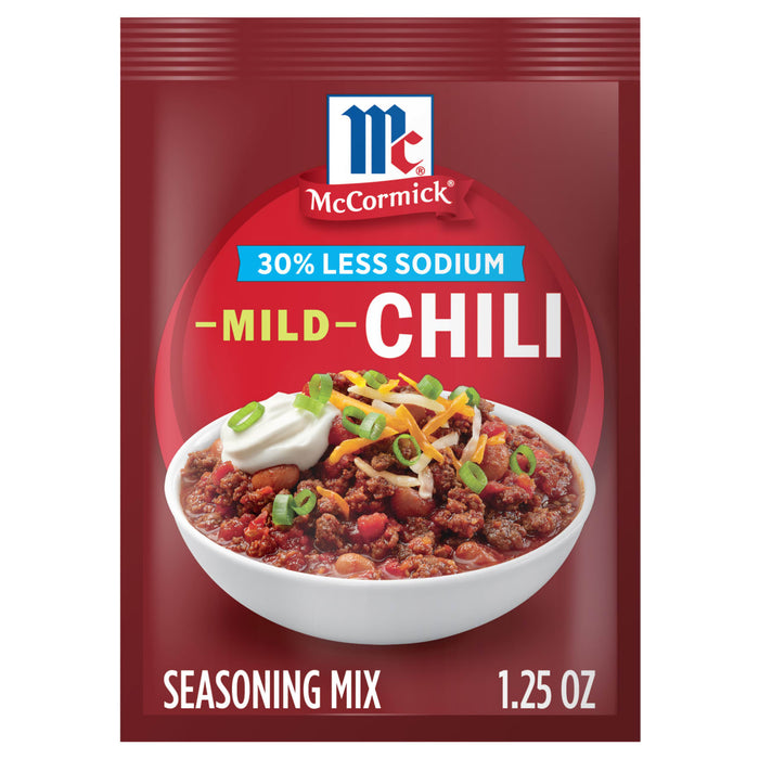 McCormick Mild Chili Seasoning Mix packet featuring a bowl of chili.