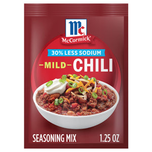 McCormick Mild Chili Seasoning Mix packet featuring a bowl of chili.