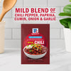 McCormick Mild Chili seasoning packet, a mild blend of chili pepper, paprika, cumin, onion and garlic.