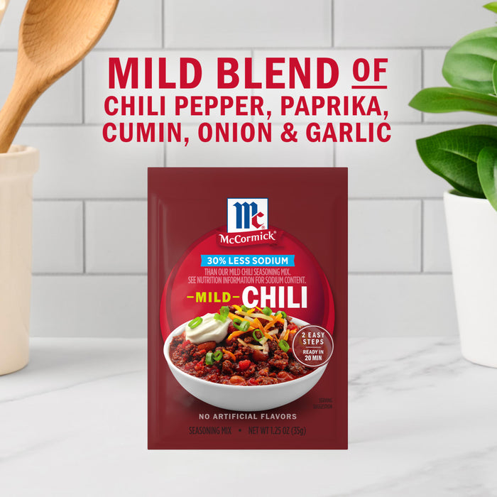 McCormick Mild Chili seasoning packet, a mild blend of chili pepper, paprika, cumin, onion and garlic.