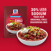 McCormick 30% Less Sodium Chili Seasoning Mix packet and a bowl of chili topped with sour cream, cheese, and green onions.