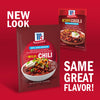 A McCormick Mild Chili seasoning mix package is shown with the text "New Look, Same Flavor!" to highlight the product's updated packaging.