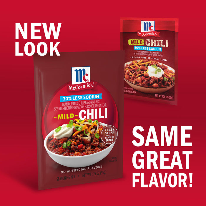 A McCormick Mild Chili seasoning mix package is shown with the text "New Look, Same Flavor!" to highlight the product's updated packaging.