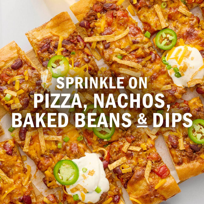 This product can be sprinkled on pizza, nachos, baked beans and dips.