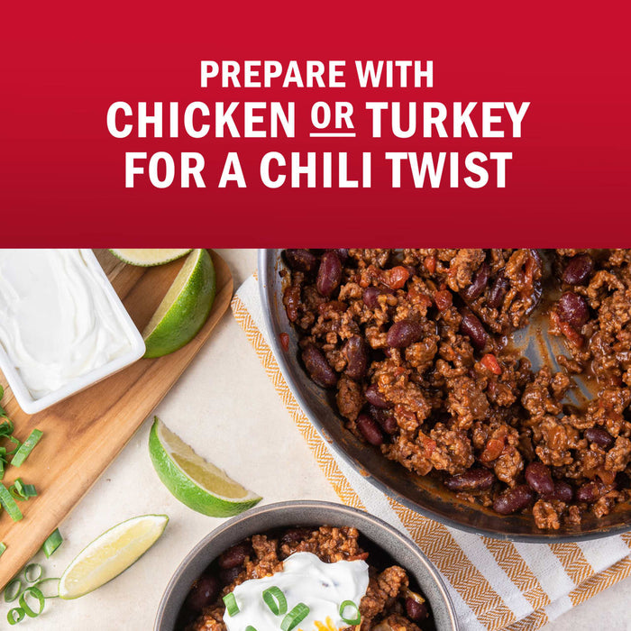 A chili dish made with chicken or turkey is shown, suggesting a chili twist.