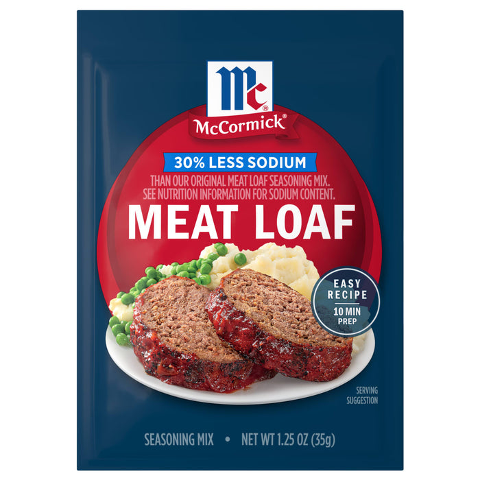 McCormick 30% Less Sodium Meat Loaf seasoning mix package.