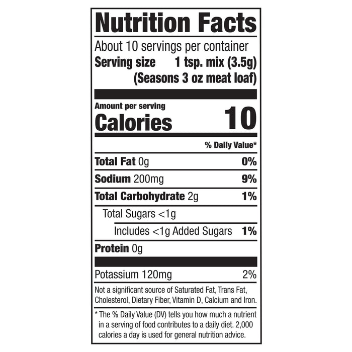 This is a nutrition facts label showing that one teaspoon of meatloaf seasoning mix contains 10 calories.