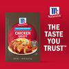 McCormick Chicken Gravy packet featuring a serving suggestion of sliced chicken with gravy, mashed potatoes, and carrots.