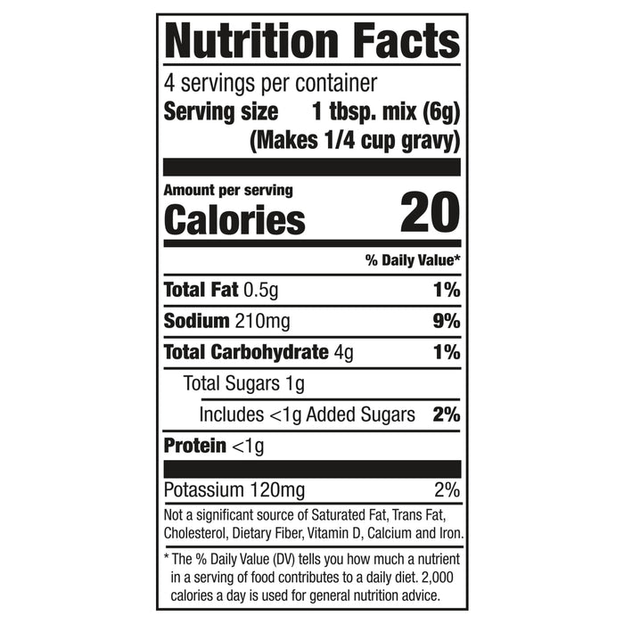 Nutrition facts label for a 1 tablespoon serving of gravy mix.