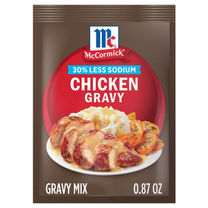 A packet of McCormick 30% Less Sodium Chicken Gravy Mix is displayed.