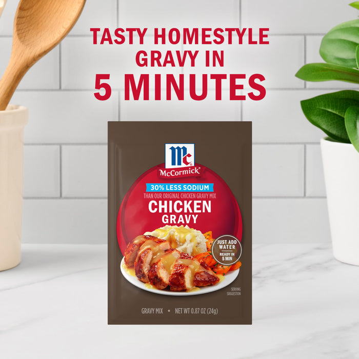 A packet of McCormick Chicken Gravy mix promises tasty homestyle gravy in 5 minutes.