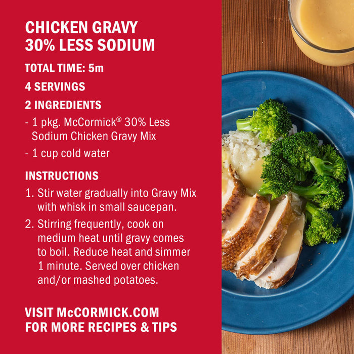 This image shows a McCormick Chicken Gravy mix recipe with 30% less sodium, alongside a plate of chicken, broccoli, and mashed potatoes.