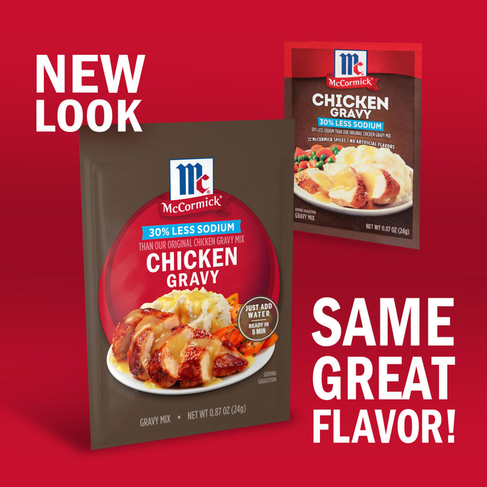 The image shows McCormick's Chicken Gravy mix with a new look but the same flavor.