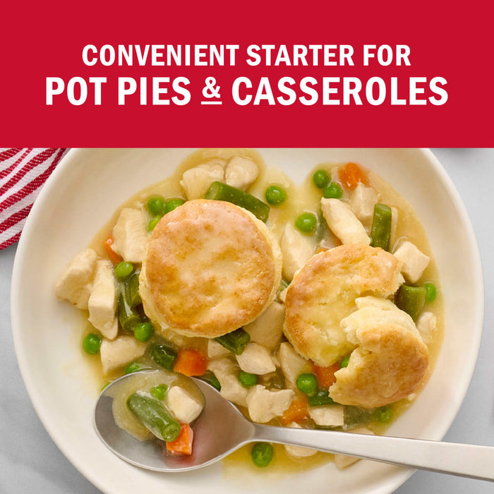 A plate of pot pie with biscuits, vegetables, and chicken, advertised as a convenient starter for pot pies and casseroles.