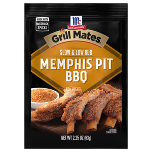 McCormick Grill Mates Memphis Pit BBQ seasoning package with a serving suggestion of ribs.