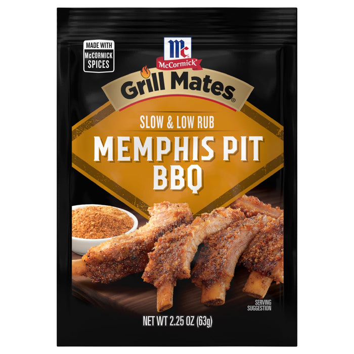 McCormick Grill Mates Memphis Pit BBQ seasoning package with a serving suggestion of ribs.