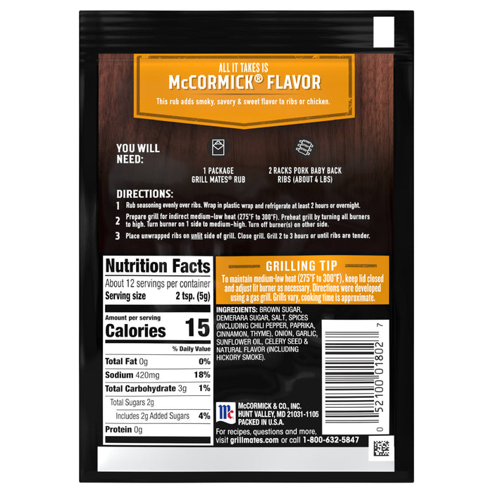 McCormick Grill Mates Flavor Rub package with nutrition facts and grilling directions.
