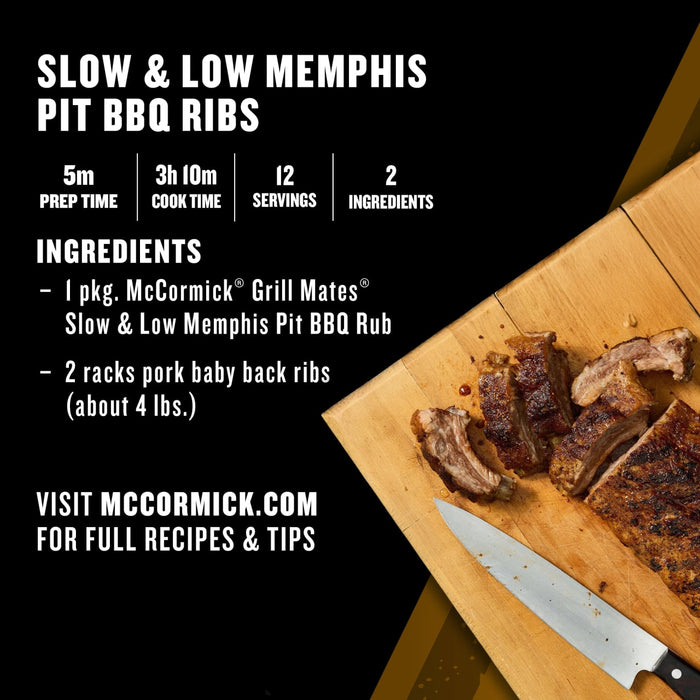 McCormick Slow &amp; Low Memphis Pit BBQ Ribs recipe with ingredients and a photo of cooked ribs on a cutting board.