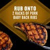 A close-up of grilled pork chops with text indicating the rub is for 2 racks of pork baby back ribs.