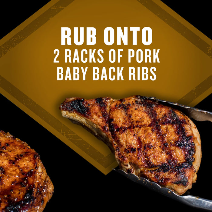 A close-up of grilled pork chops with text indicating the rub is for 2 racks of pork baby back ribs.