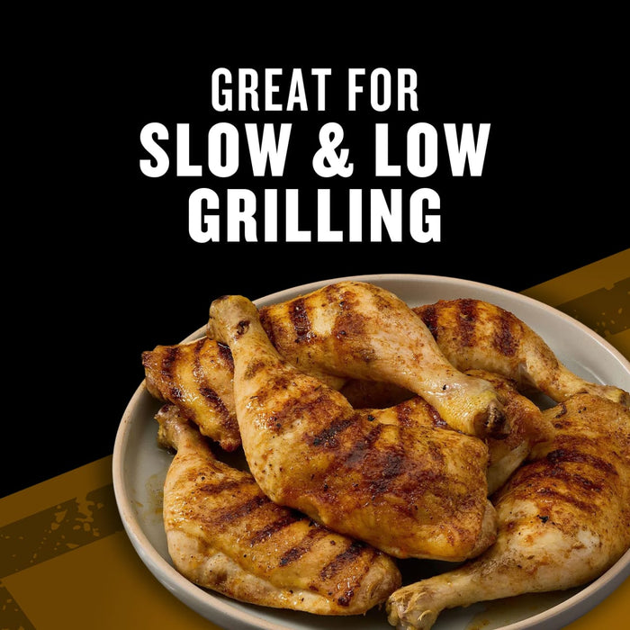 Grilled chicken legs on a plate, advertised as great for slow and low grilling.