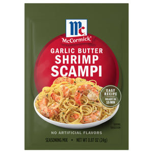 McCormick Garlic Butter Shrimp Scampi seasoning mix packet is displayed.