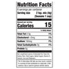 This is a nutrition facts label showing that one serving contains 15 calories, 0.5g of fat, less than 5mg of cholesterol, 160mg of sodium, 2g of carbohydrates, and 0g of protein.