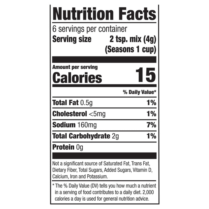 This is a nutrition facts label showing that one serving contains 15 calories, 0.5g of fat, less than 5mg of cholesterol, 160mg of sodium, 2g of carbohydrates, and 0g of protein.