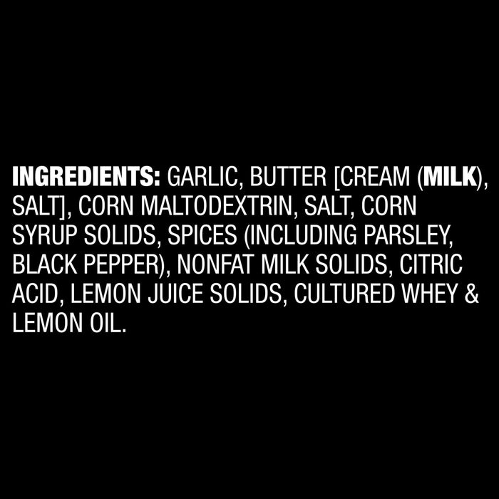 The image shows the ingredient list which includes garlic, butter, cream, salt, corn maltodextrin, corn syrup solids, spices, nonfat milk solids, citric acid, lemon juice solids, cultured whey and lemon oil.