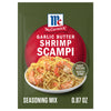 A packet of Mccormick Garlic Butter Shrimp Scampi Seasoning Mix .87 Oz featuring a bowl of pasta with shrimp and a red circular background.