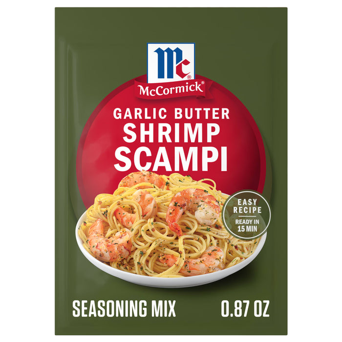 A packet of Mccormick Garlic Butter Shrimp Scampi Seasoning Mix .87 Oz featuring a bowl of pasta with shrimp and a red circular background.