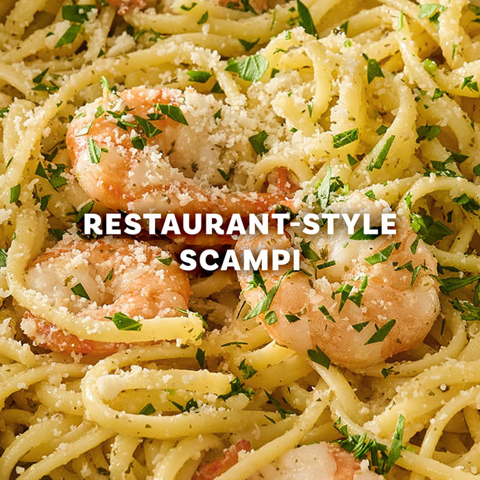 A promotional graphic for an easy and delicious meal featuring a package of Mccormick Garlic Butter Shrimp Scampi Seasoning Mix .87 Oz against a vibrant red background.
