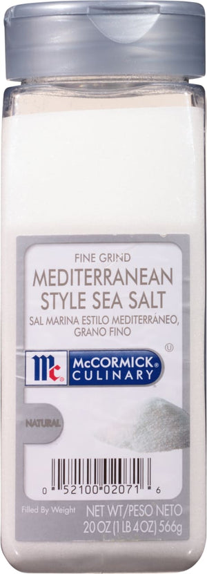 A container of McCormick Culinary Mediterranean Style Sea Salt.