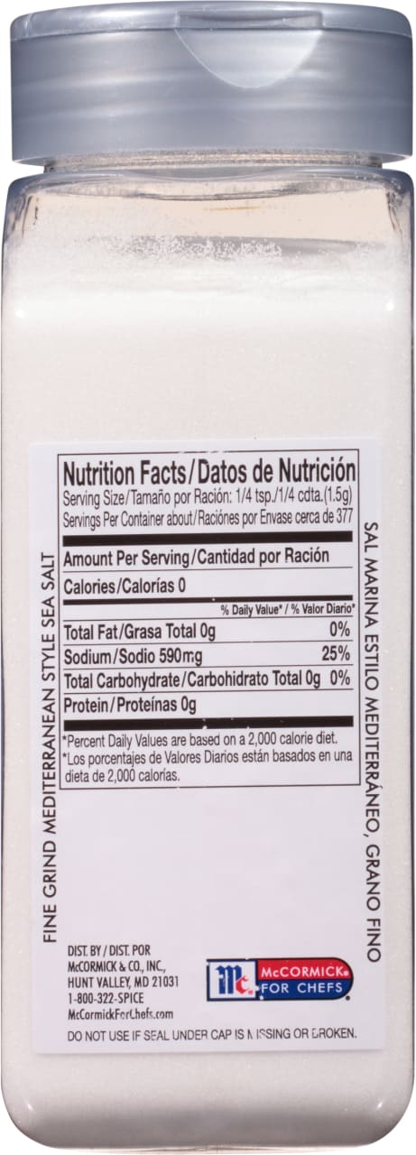 McCormick for Chefs Mediterranean Sea Salt nutrition facts label.