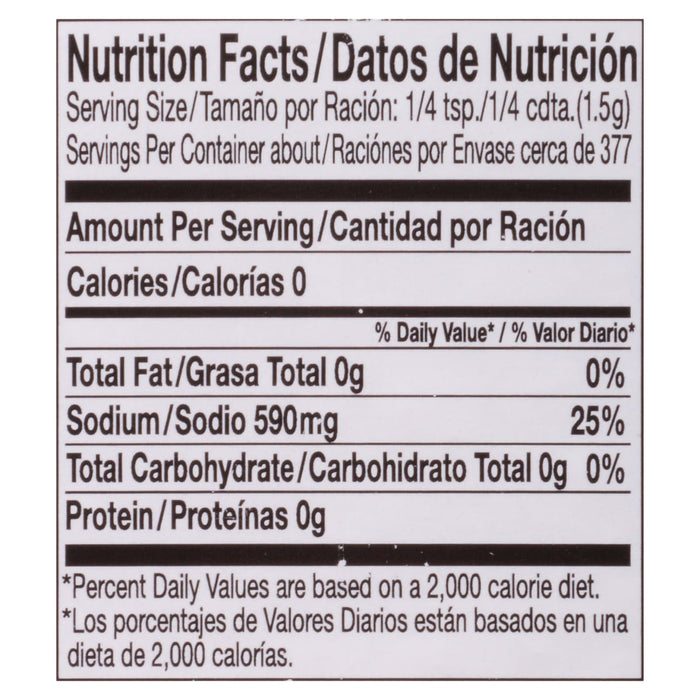 Nutrition facts label for a product with 0 calories, 0g fat, 590mg sodium, 0g carbohydrates, and 0g protein.
