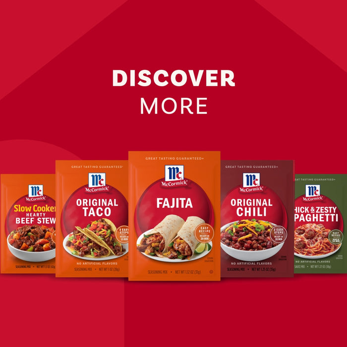 McCormick brand seasoning packets for beef stew, slow cooker, fajita, chili, and spaghetti.