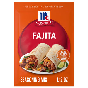 McCormick Fajita Seasoning Mix package with a photo of a fajita in a tortilla.