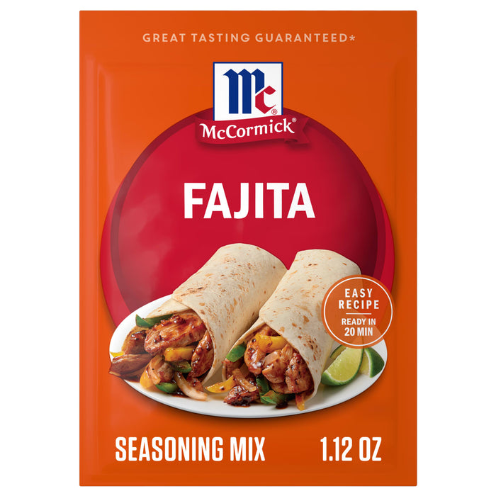 McCormick Fajita Seasoning Mix package with a photo of a fajita in a tortilla.