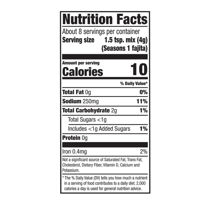 Nutrition facts label for Seasons 1 fajita seasoning mix.