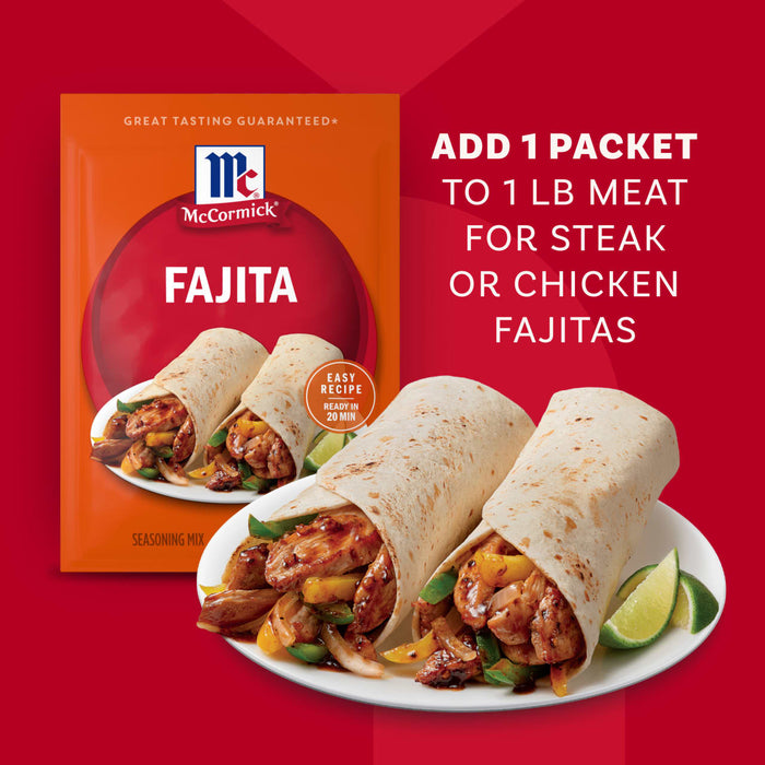 A close-up of a skillet of fajita ingredients with a McCormick Fajita seasoning packet.