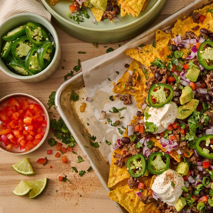A close-up of a plate of nachos with toppings like ground beef, black beans, avocado, jalapenos, red onion, cilantro, sour cream, and cheese.