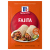 A packet of McCormick Fajita Seasoning Mix is displayed with a serving suggestion of fajitas in a tortilla.