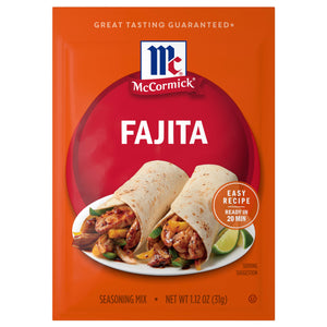 A packet of McCormick Fajita Seasoning Mix is displayed with a serving suggestion of fajitas in a tortilla.