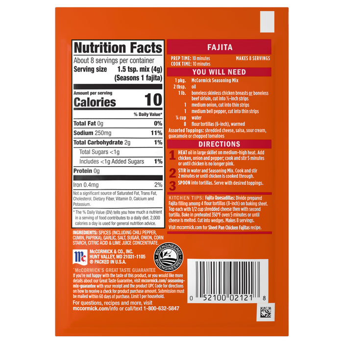 The back label of a Mccormick Regular Fajita Seasoning Mix 1.12 Oz package, displaying nutrition facts, ingredients, and cooking directions.
