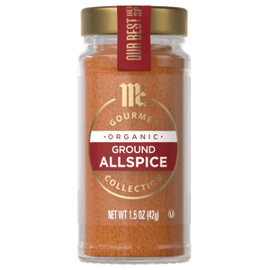A jar of McCormick Gourmet Organic Ground Allspice.