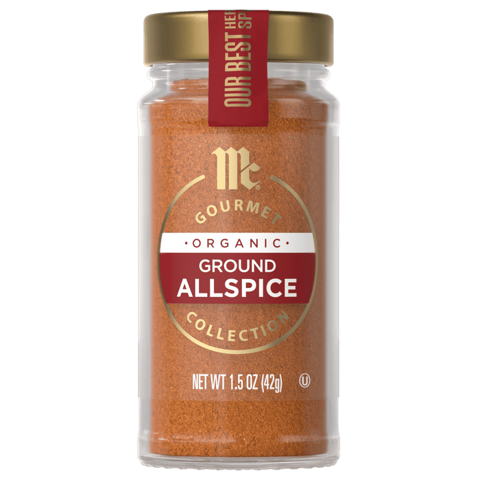 A jar of McCormick Gourmet Organic Ground Allspice.