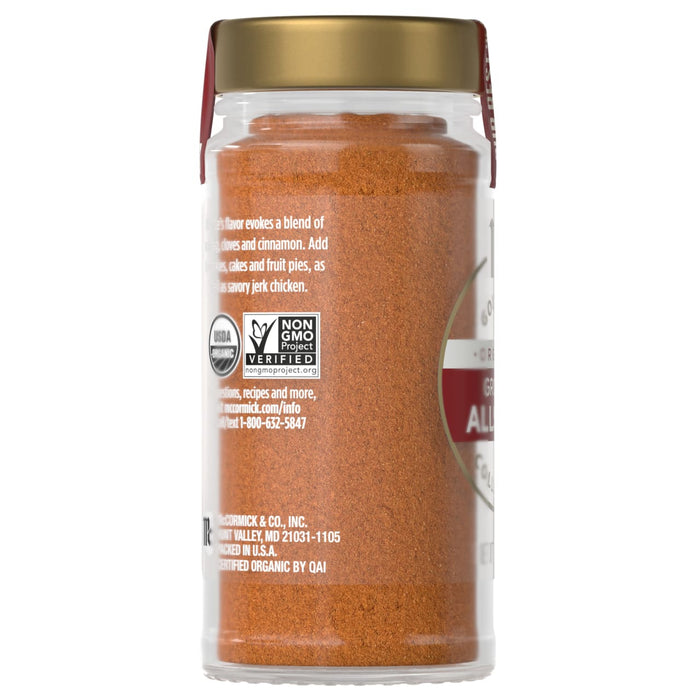 A jar of Simply Organic Allspice is shown, highlighting its organic certification and product details.