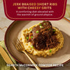 A plate of McCormick Jerk Braised Short Ribs with Cheesy Grits is shown.