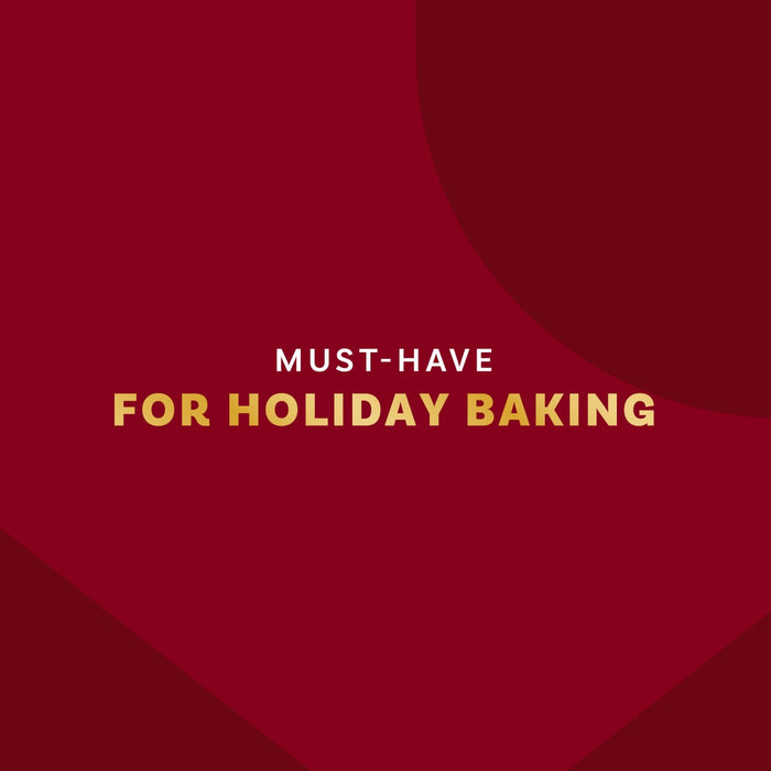 A burgundy graphic with the text Must-Have for Holiday Baking in gold.